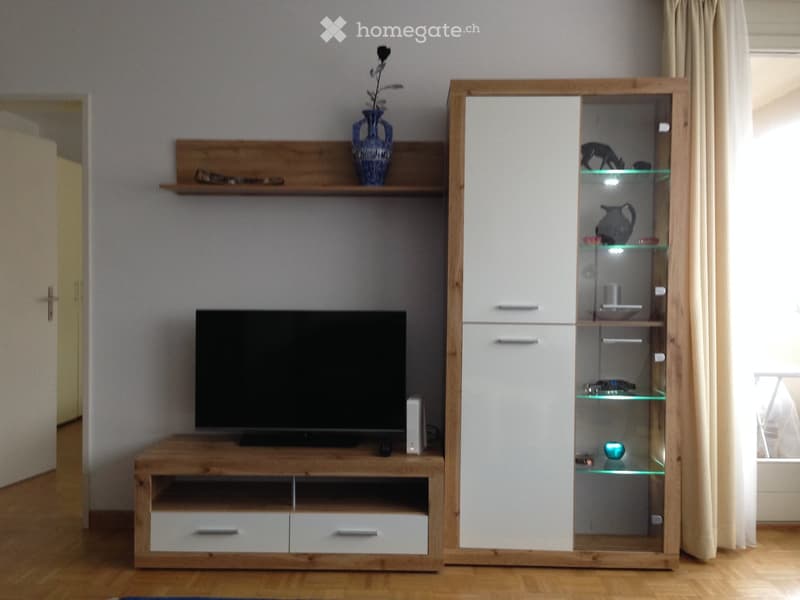 Modern living room with a wooden TV stand, flat-screen TV, white cabinet with glass doors, and decorative vase on a shelf.