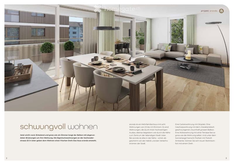Modern open-plan living and dining area with a sofa, coffee table, dining table, chairs, floor lamp, and potted plants. Large windows and balcony access.