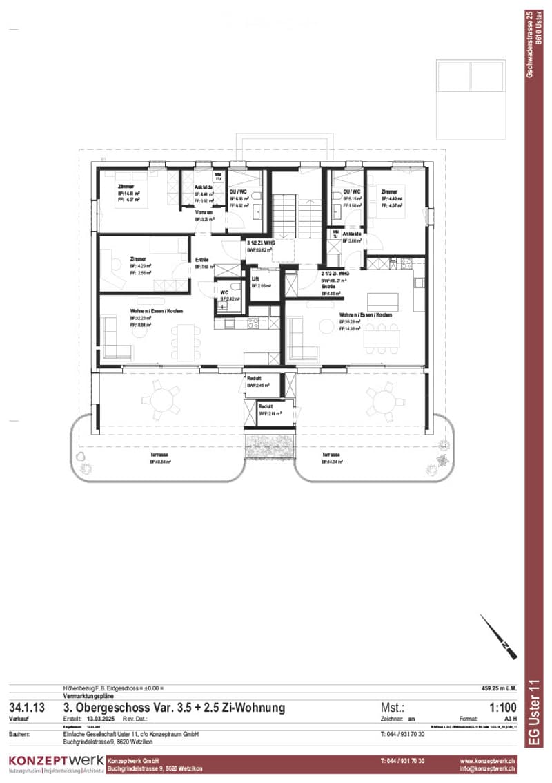 Floor plan of a 3.5 + 2.5 room apartment with living room, kitchen, 2 bedrooms, 2 bathrooms, and a terrace.