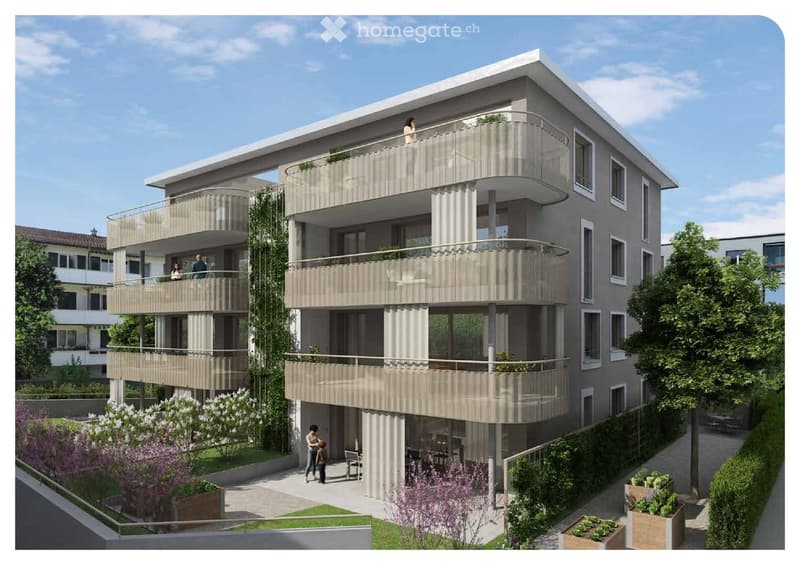 Modern multi-story residential building with balconies, greenery, and a raised ground floor.