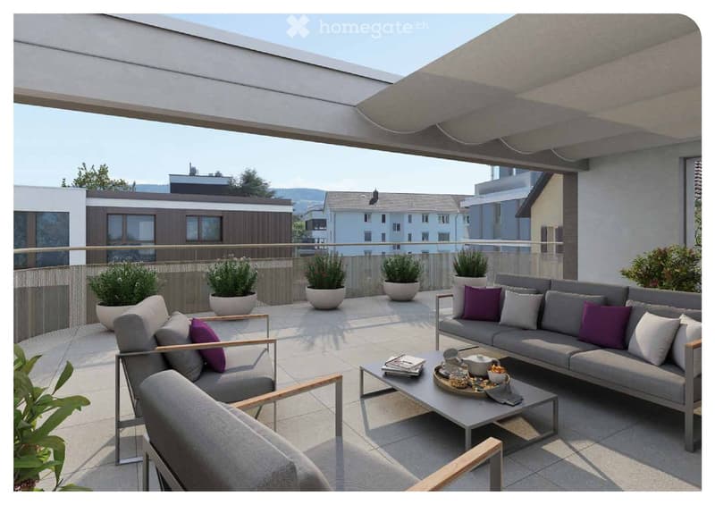 Modern rooftop terrace with grey sectional sofa, coffee table, and chairs, surrounded by potted plants and a cityscape view.