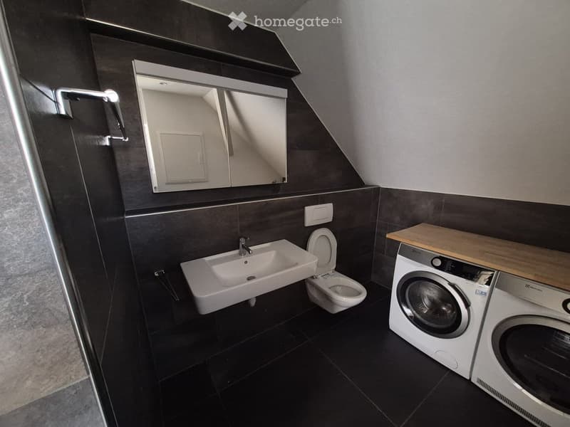 Modern bathroom with dark tiles, a sink, toilet, washing machine, and a large mirror above the sink.