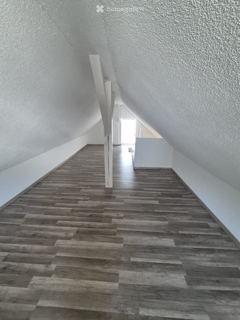 A modern, minimalist hallway with wooden flooring and white walls, featuring a slanted ceiling and a bright opening at the end.