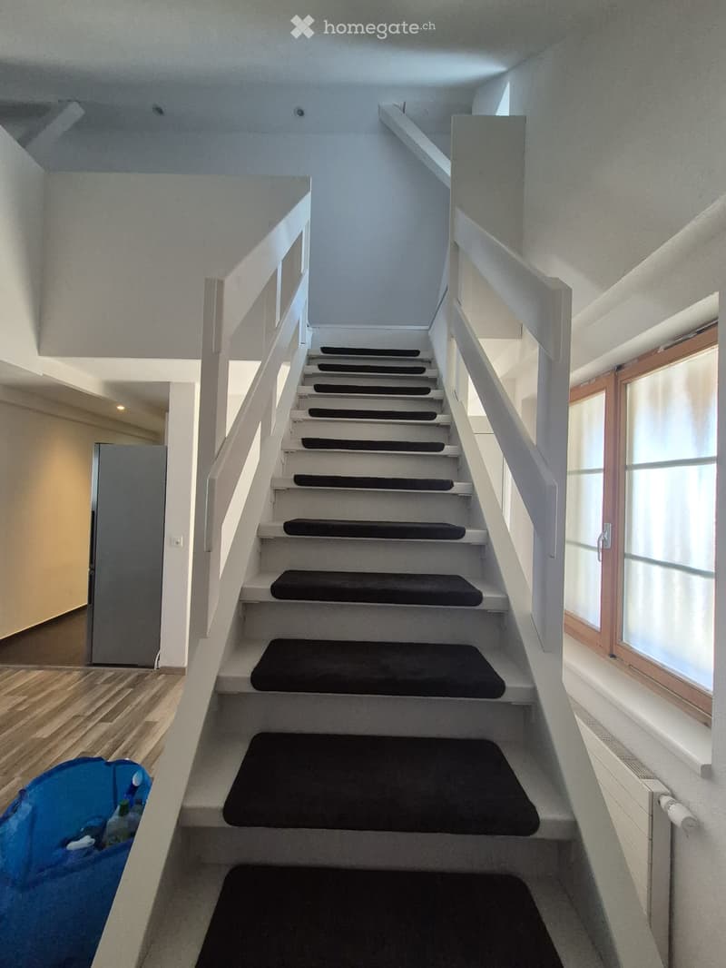 Modern staircase with white railings, black carpeted steps, and wooden flooring at the base. Natural light from a window on the right side.