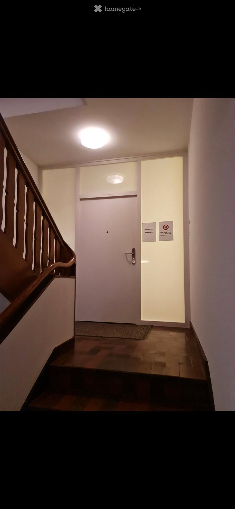 A well-lit hallway with a staircase on the left and a closed door on the right. The floor is tiled, and the walls are painted white. There is a small mat in front of the door.