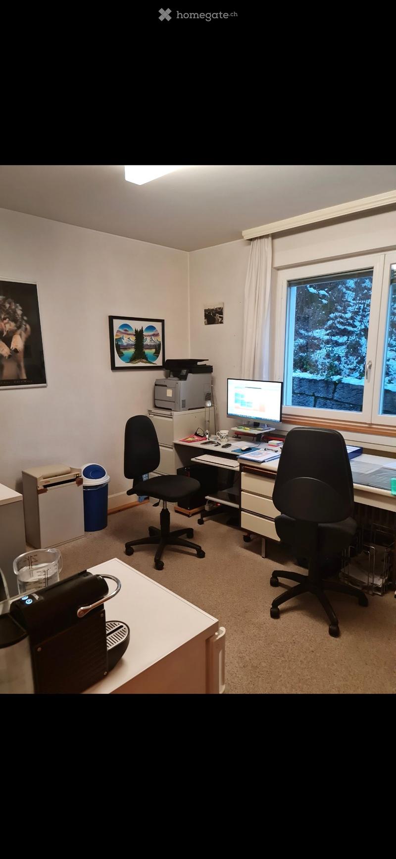 A well-lit office space with two chairs, a desk, a computer screen, a printer, and a coffee maker. The room features large windows with a view of snow-covered trees, and several picture frames on the walls.