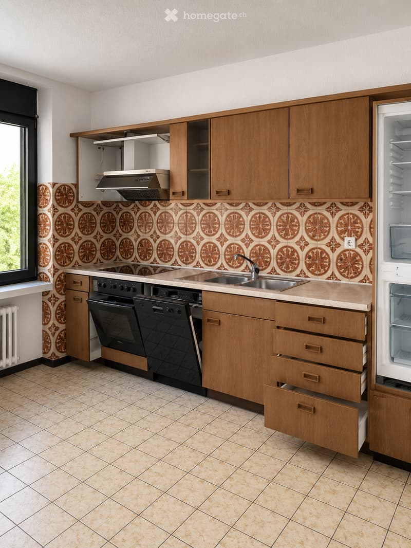The kitchen features wooden cabinets, a countertop, a sink with a faucet, an oven, a dishwasher, and a refrigerator. The backsplash has a decorative tile pattern, and the floor is tiled.