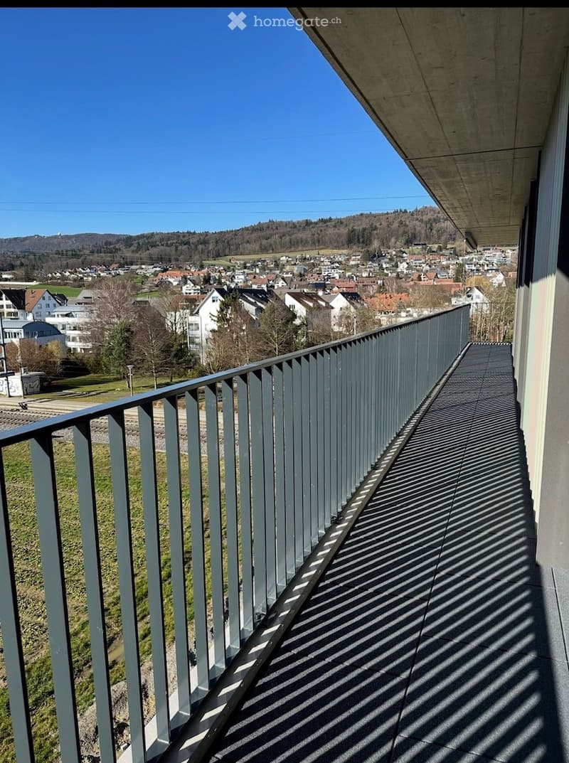 Balcony with metal railing overlooking a town and landscape, clear blue sky, shadows from the railing on the floor.