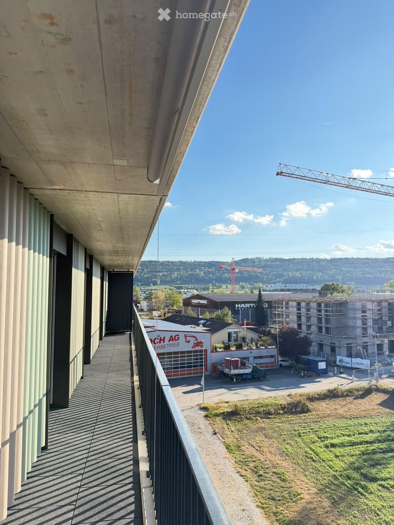 Balcony overlooking a construction site with cranes, buildings, and a clear blue sky.