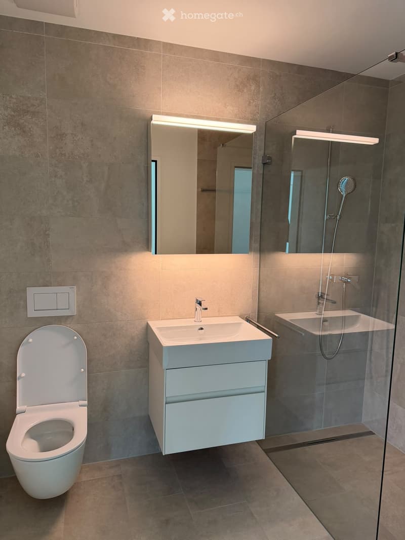 Modern bathroom with a toilet, sink with a modern faucet, a large mirror with built-in lighting, and a glass-enclosed shower area with a handheld showerhead.