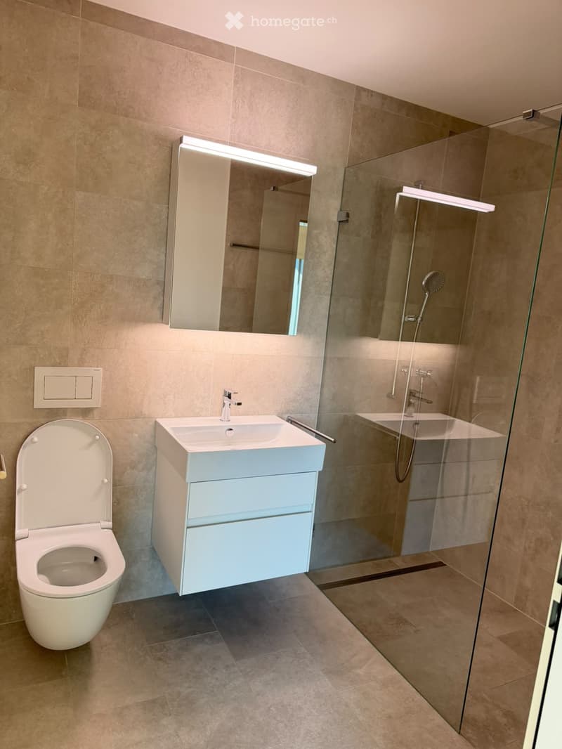 Modern bathroom with a white toilet, a light blue sink cabinet, a large mirror with built-in lighting, and a glass-enclosed shower area.