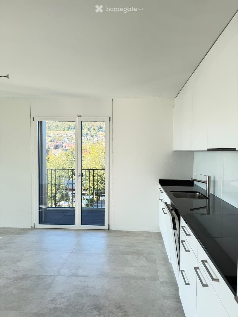 Empty kitchen with white cabinets, black countertops, and a double sink. Large sliding glass doors lead to a balcony with a view of the city and trees.