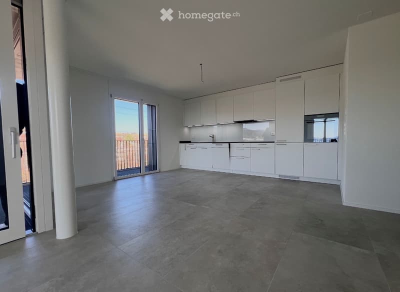 Empty kitchen with white cabinets, a sink, and large windows overlooking a balcony.