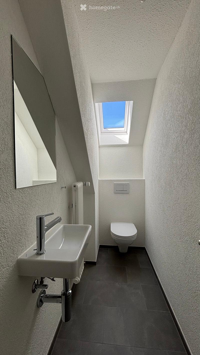 Modern bathroom with a white sink, chrome faucet, toilet, radiator, and a large mirror. The room features textured walls and a skylight window.