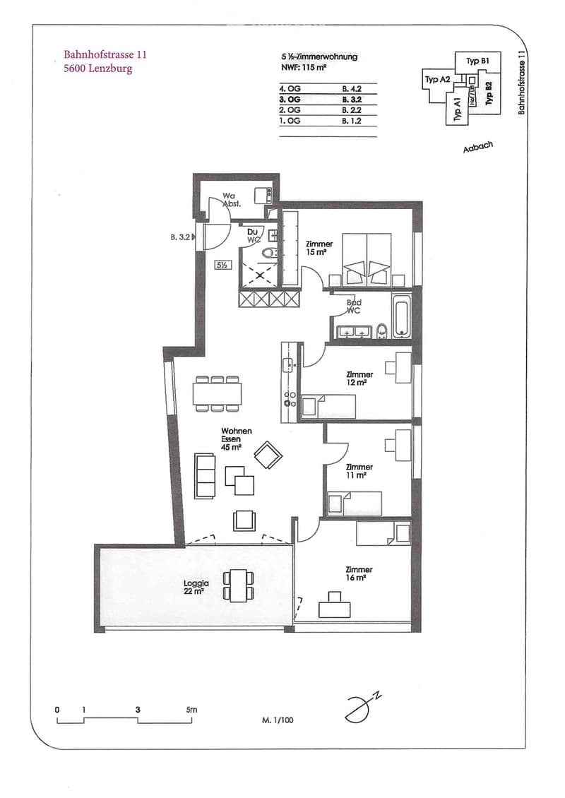 Floor plan of a 5.5-room apartment with 115 m², including living/dining area, bedrooms, bathrooms, and a loggia.