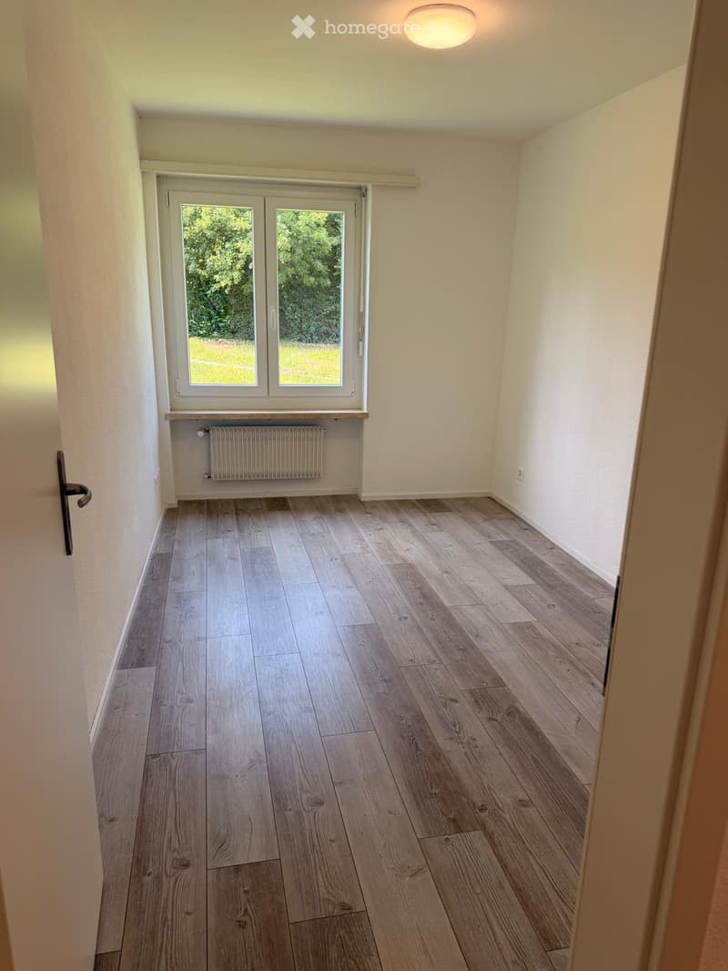 Empty room with light wooden flooring, white walls, and a window with a view of greenery outside. A radiator is visible below the window.