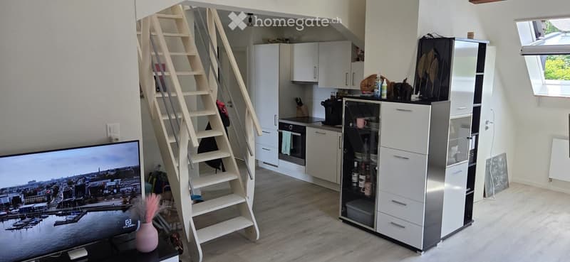 Modern, open-plan living and kitchen area with a spiral staircase leading to an upper level. Features white kitchen cabinets, stainless steel appliances, a large TV, and a decorative vase on a table.