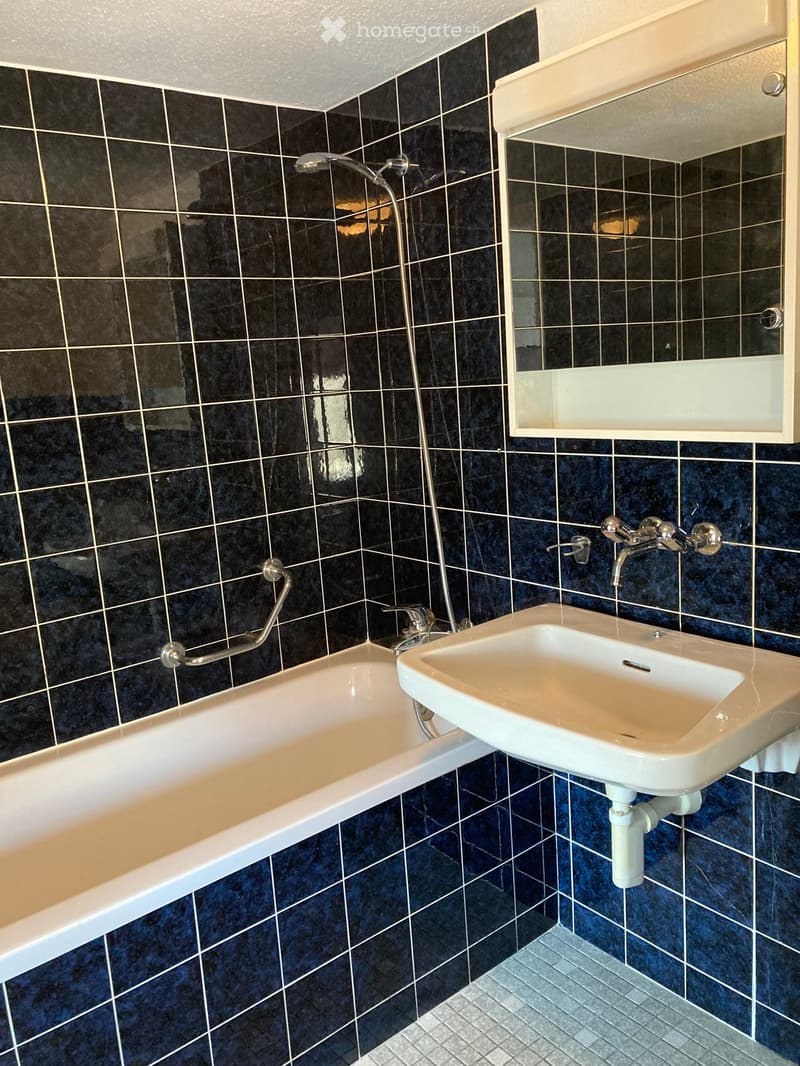Bathroom with dark blue tiled walls, a white bathtub, a white sink, a mirror, and a handrail for accessibility.