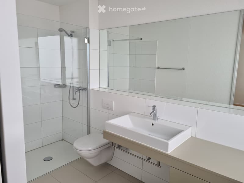 Modern bathroom with white tiles, a glass-enclosed shower, a toilet, a sink with a modern faucet, and a large mirror above the sink.