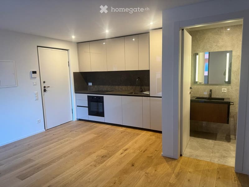 Modern kitchen and bathroom area with light wood flooring, white cabinets, stainless steel appliances, and sleek fixtures.