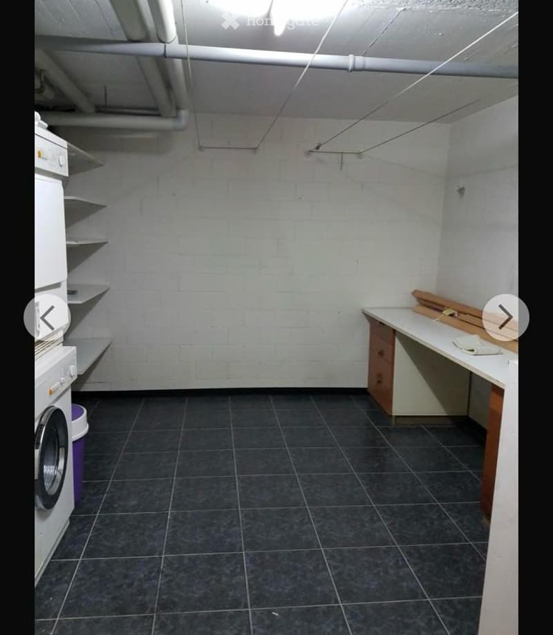 Empty room with white brick walls, dark tiled floor, and exposed pipes on the ceiling. Contains a washing machine, shelves, and a small wooden table with a few items on it.