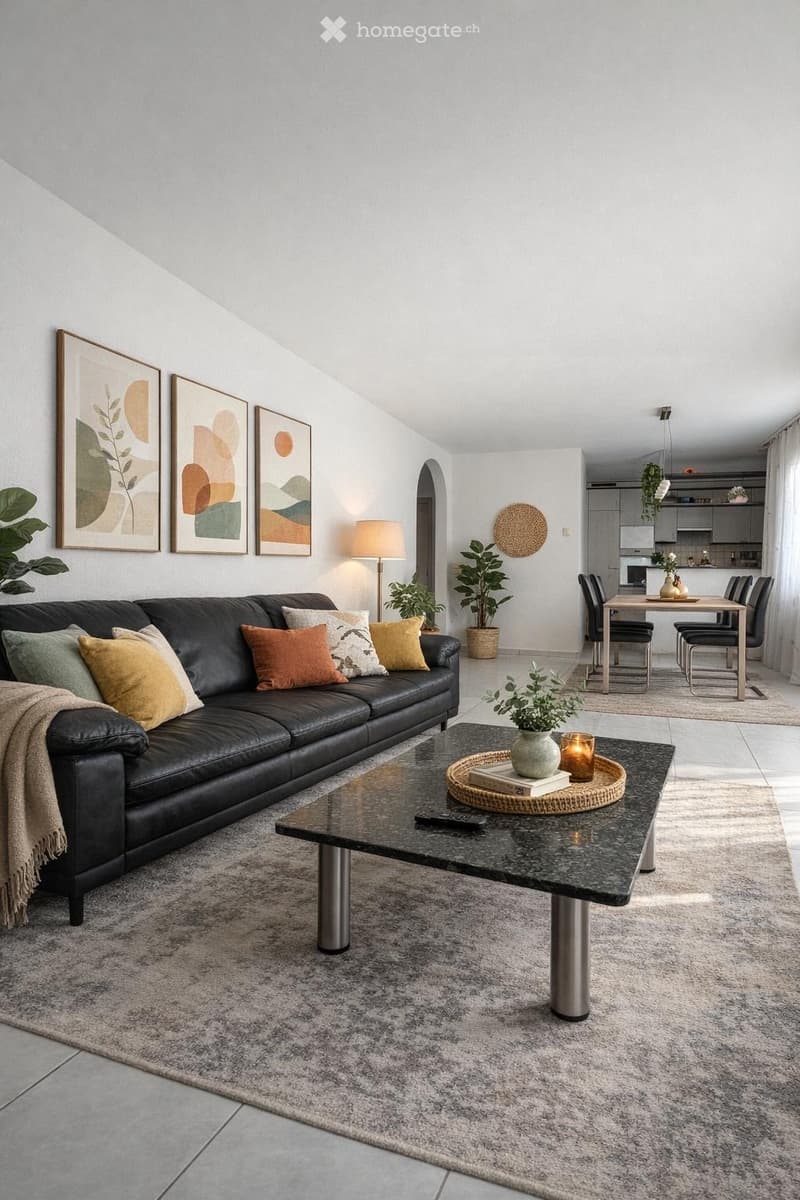 Modern living room with a black leather sofa, coffee table, floor lamp, and dining area in the background.