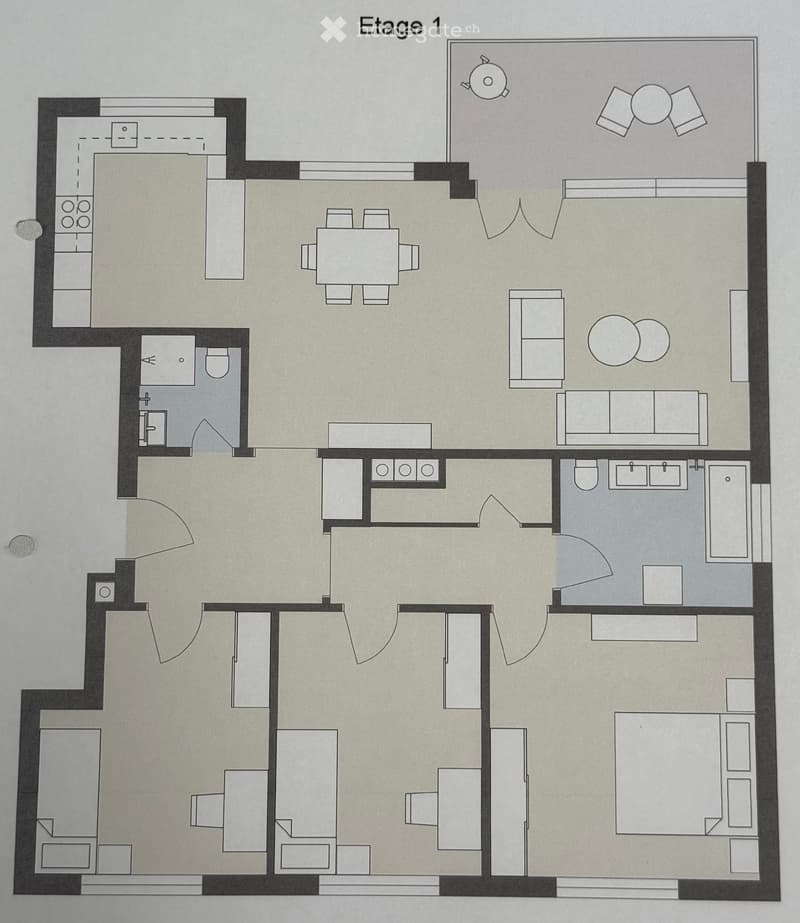 Floor plan of a 1st floor layout including a living room, dining area, kitchen, bedroom, and bathroom.