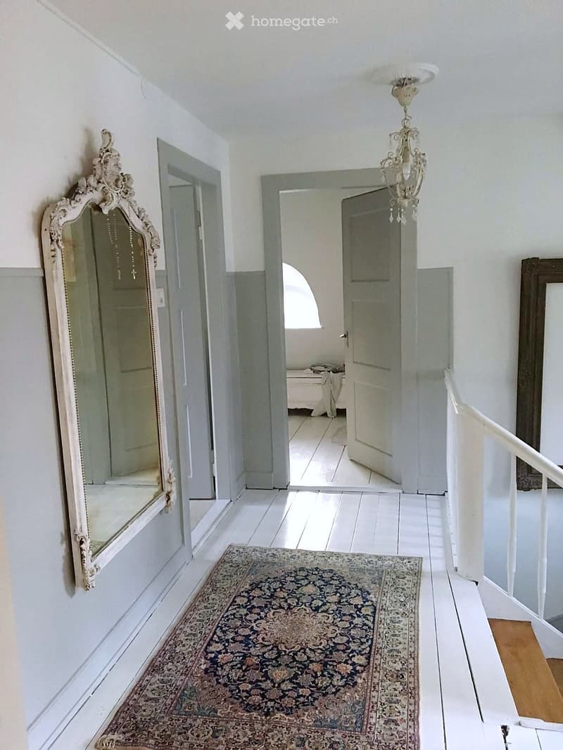 Corridor / Hallway. Bright, white-walled hallway with a patterned rug, ornate mirror, and chandelier. The hallway leads to another room with visible furniture.