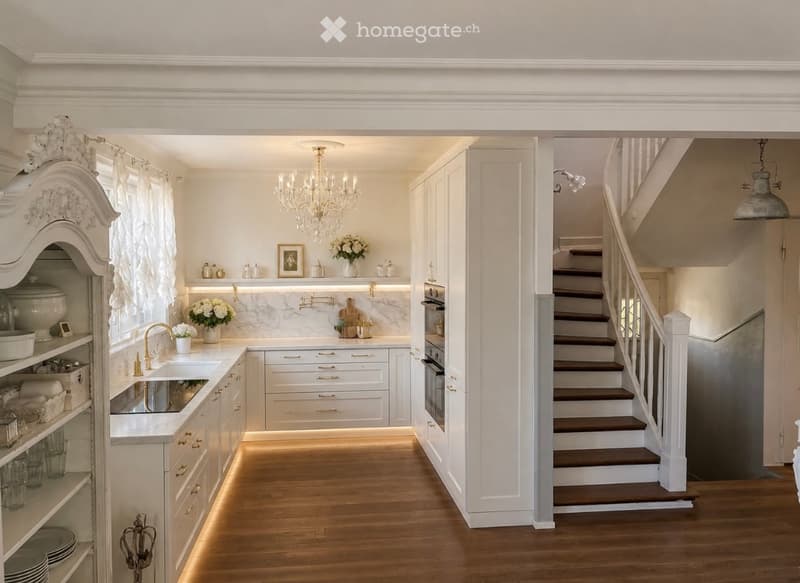 Elegant kitchen with white cabinets, marble backsplash, wooden floor, chandelier, and a staircase leading to another level.