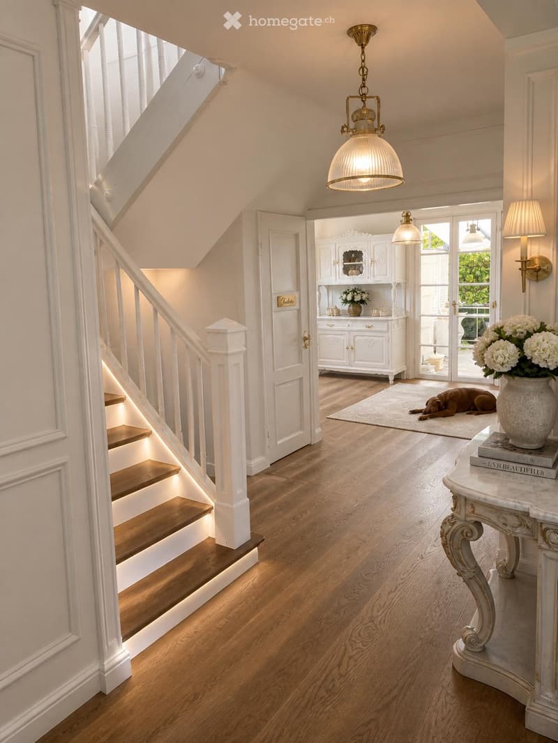 Elegant hallway with wooden flooring, white walls, staircase with wooden steps and white railings, decorative table with vase, cabinet, and a dog resting on a rug.