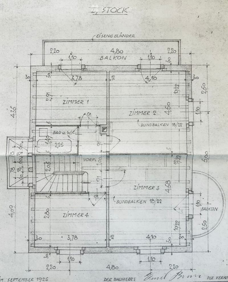 Ground floor plan with four rooms, living room, two bedrooms, bathroom, balcony, staircase, and measurements