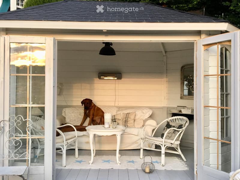 outdoor couch, white table, chairs, dog, glass windows, black ceiling light, mirror