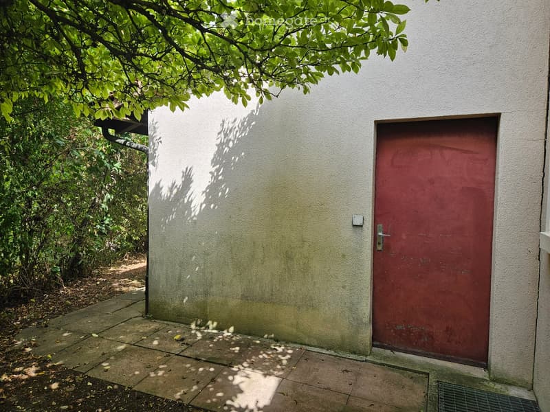 A modern building entrance with a red door, surrounded by greenery and a paved pathway.