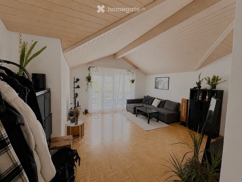 Modern living room with wooden flooring, slanted wooden ceiling, large window with sheer curtains, grey sofa, coffee table, side table, mirror, shelf, and potted plants.