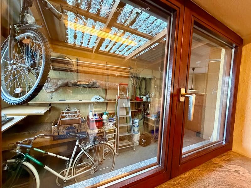 A well-lit garage with a bicycle hanging from the ceiling, a ladder, shelves with tools, and storage boxes.