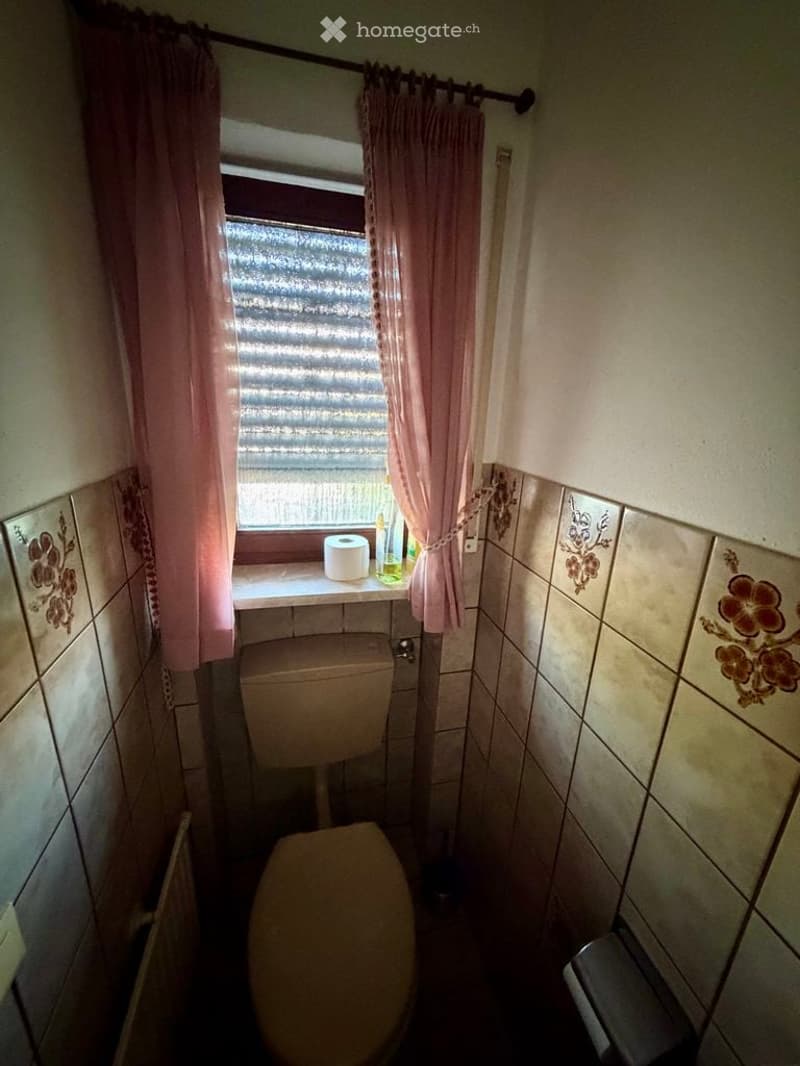 Small bathroom with tiled walls, a toilet, a window with pink curtains, and a toilet paper roll on the windowsill.