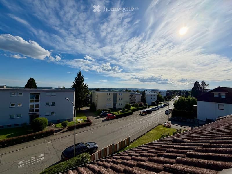 A view from a rooftop showing a residential area with apartment buildings, parked cars, and greenery.