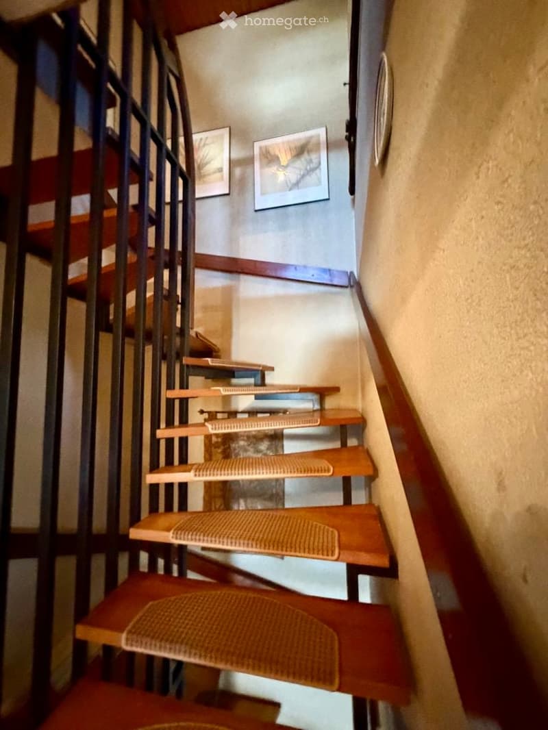 Spiral staircase with wooden steps and woven runners, metal railing, and framed artwork on the walls.