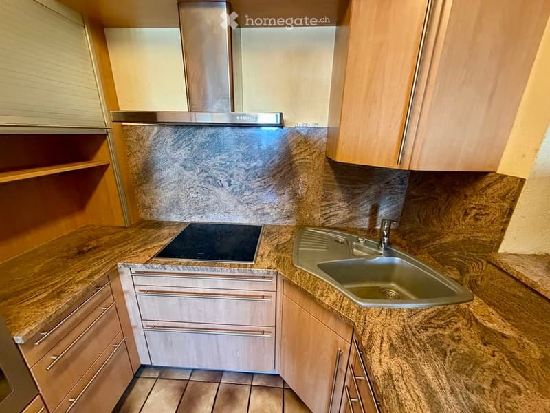 Modern kitchen with granite countertops, stainless steel appliances, and wooden cabinets.