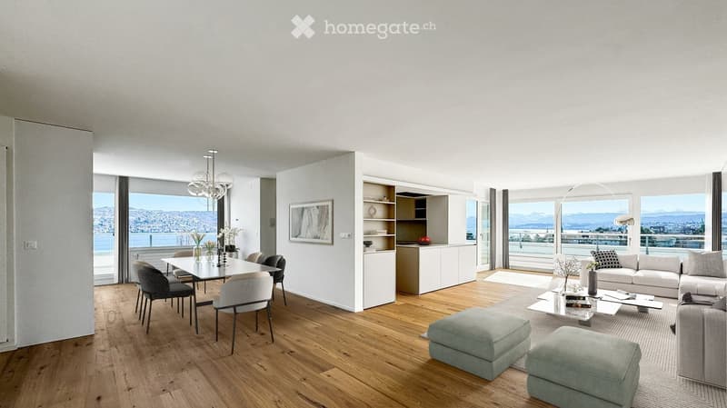 Modern, open-concept living and dining area with large windows offering a scenic view, featuring a sofa, coffee table, ottomans, dining table with chairs, floor lamp, chandelier, and built-in cabinetry.