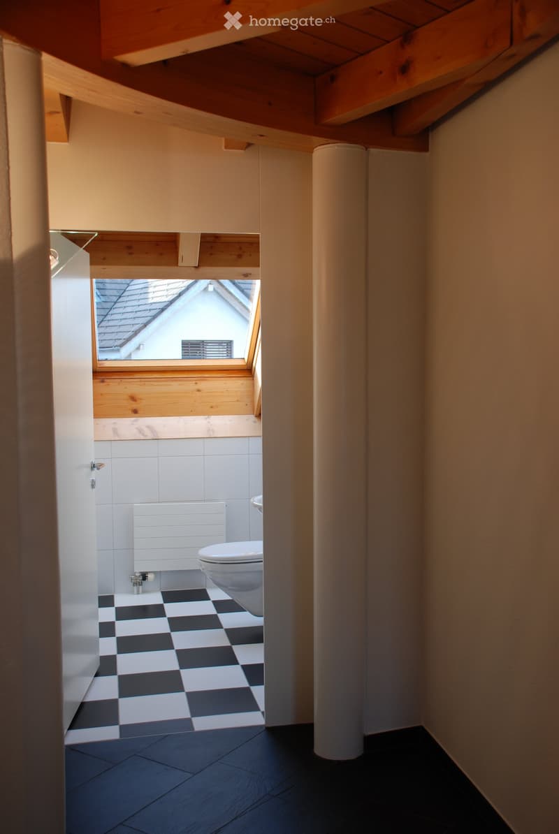 Bathroom with checkered black and white tiles, white toilet, radiator, and wooden ceiling beams. A skylight provides natural light.