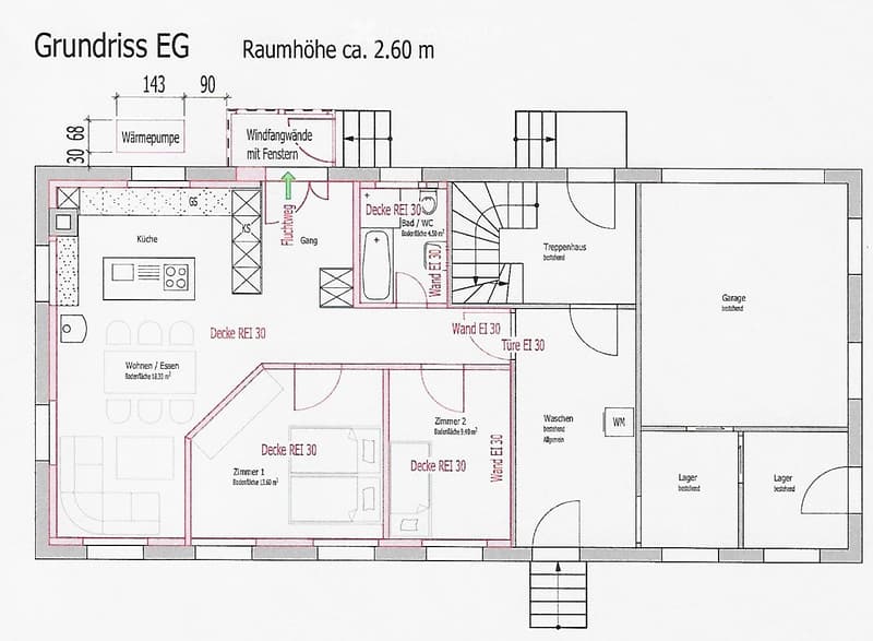 Ground floor plan showing kitchen, living/dining area, two bedrooms, bathroom/WC, hallway, staircase, existing laundry area, existing storage, and existing garage.