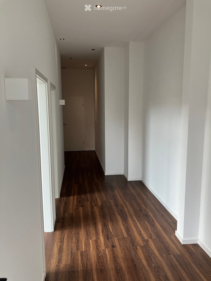 Empty hallway with wooden flooring and white walls, featuring recessed lighting and a closed door at the end.