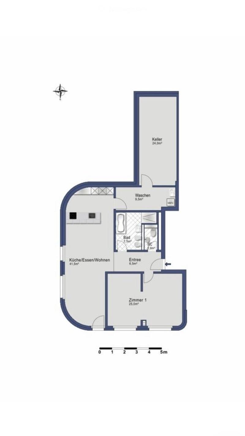 Floor plan of a 5-room apartment including a kitchen/dining/living area, bedroom, bathroom, entrance, laundry, and basement.