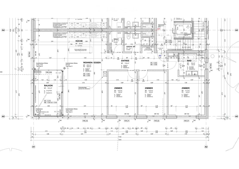Floor plan of a residential unit showing multiple rooms including a kitchen, living/dining area, three bedrooms, a bathroom, and a balcony.
