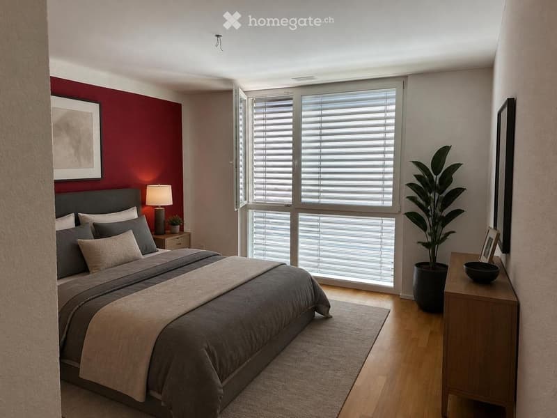 Modern bedroom with a large bed, nightstand, lamp, potted plant, and artwork on the walls. Large windows with blinds provide natural light.