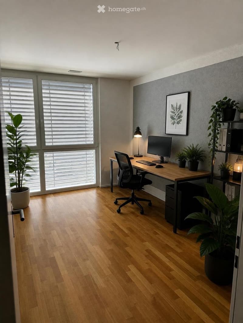 Modern, well-lit office space with wooden flooring, large windows with blinds, a desk with a computer setup, ergonomic chair, and decorative plants.
