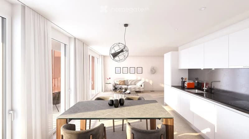 Open-plan living and dining area with a modern sofa, glass dining table, and kitchen area featuring white cabinets and stainless steel appliances.