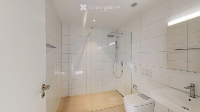 Modern bathroom with white tiles, a glass-enclosed shower, a toilet, a sink, and a mirror.