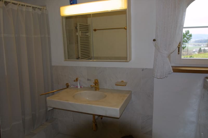 Bathroom with a marble sink, gold faucet, mirror with built-in lighting, and a window with a curtain.
